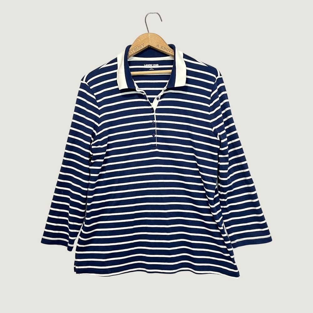 Lands End Womens L 14-16 Long Sleeve Polo Shirt Navy Blue White Striped Cotton